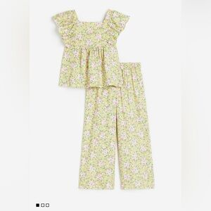 H&M Girls 2-Piece Floral Set Sage Green Ruffle Peplum Top & Wide Leg Pants 3T